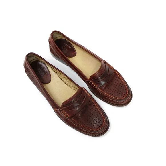 Women’s Frye Penny Loafers Dalia Brown Leather Perforated Shoes Flat Preppy 8 M - Picture 1 of 12